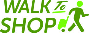 "Walk to Shop" logo in green lettering. There is a green person pulling a shopping trolley